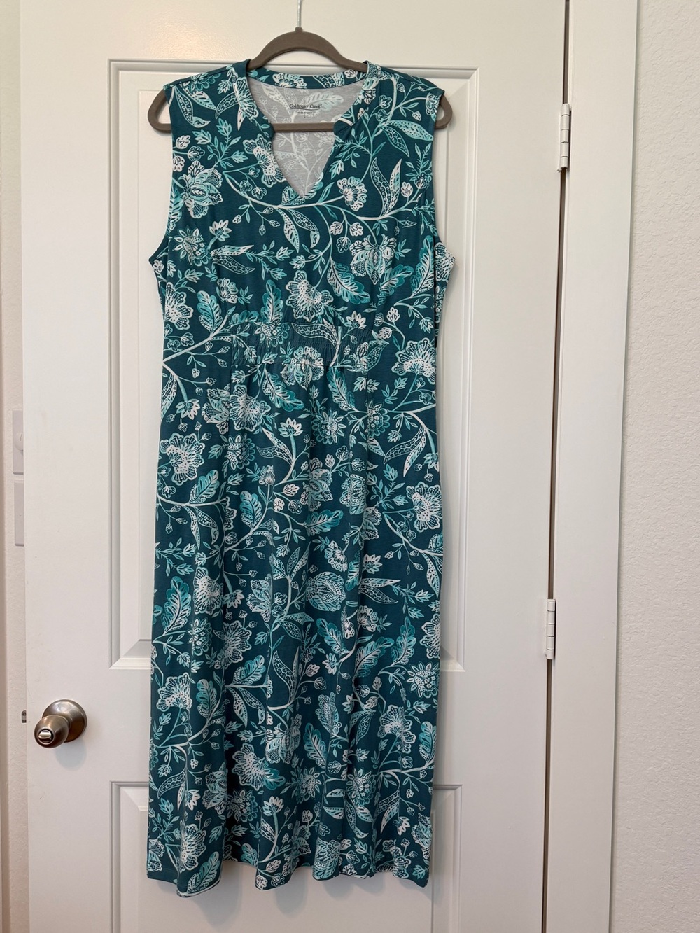 NWOT Coldwater Creek Teal Floral V-Neck Midi Dress with Pockets Large